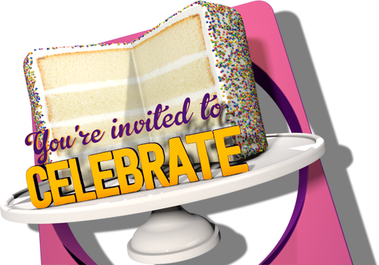 3D cake and text inviting you to celebrate Food Network's Anniversary